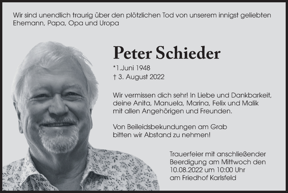 Traueranzeige für Peter Schieder vom 06.08.2022 aus merkurtz
