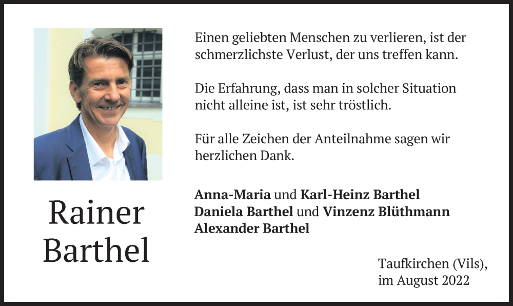  Traueranzeige für Rainer Barthel vom 13.08.2022 aus merkurtz