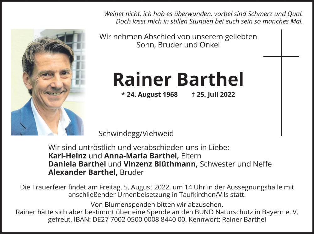  Traueranzeige für Rainer Barthel vom 30.07.2022 aus merkurtz