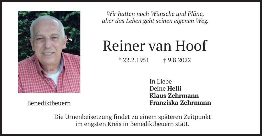  Traueranzeige für Reiner van Hoof vom 13.08.2022 aus merkurtz