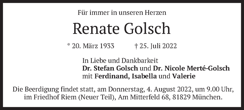  Traueranzeige für Renate Golsch vom 30.07.2022 aus merkurtz