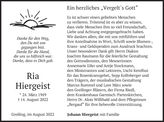 Traueranzeige von Ria Hiergeist von merkurtz