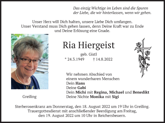 Traueranzeige von Ria Hiergeist von merkurtz