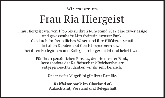 Traueranzeige von Ria Hiergeist von merkurtz
