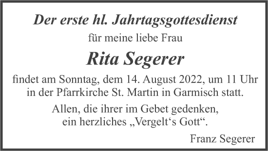 Traueranzeige von Rita Segerer von merkurtz