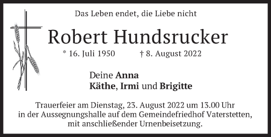 Traueranzeige von Robert Hundsrucker von merkurtz