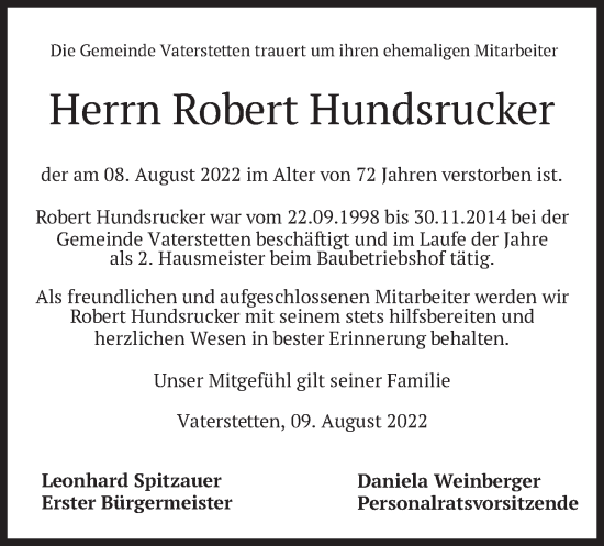 Traueranzeige von Robert Hundsrucker von merkurtz