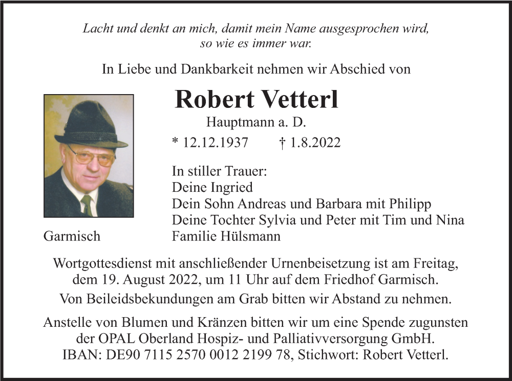  Traueranzeige für Robert Vetterl vom 13.08.2022 aus merkurtz