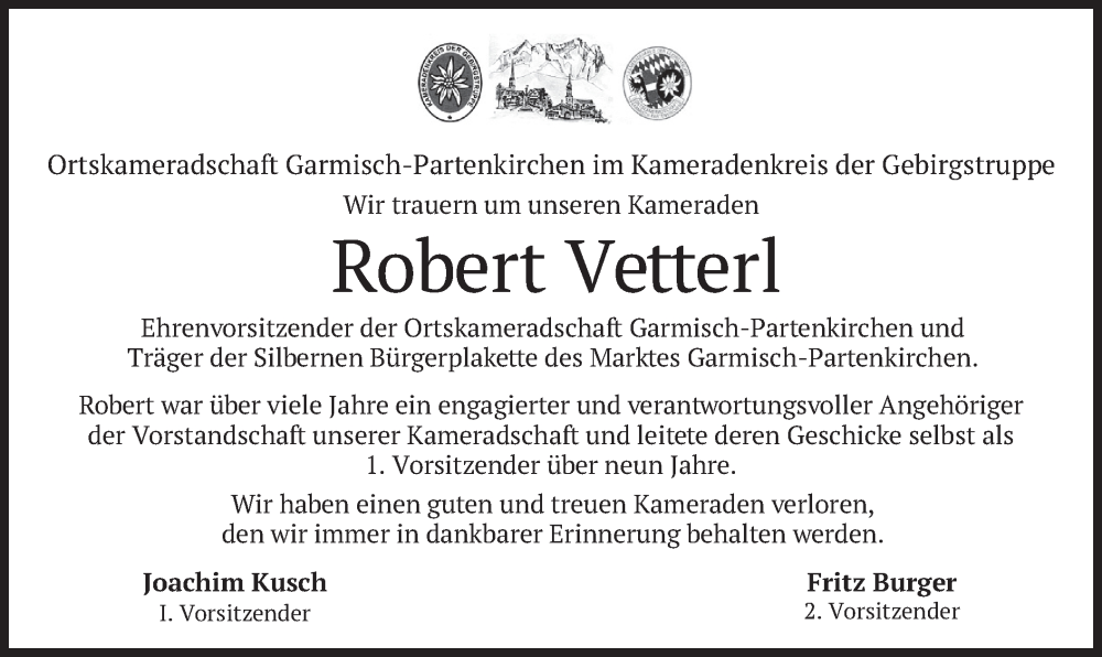  Traueranzeige für Robert Vetterl vom 20.08.2022 aus merkurtz