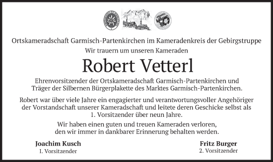 Traueranzeige von Robert Vetterl von merkurtz