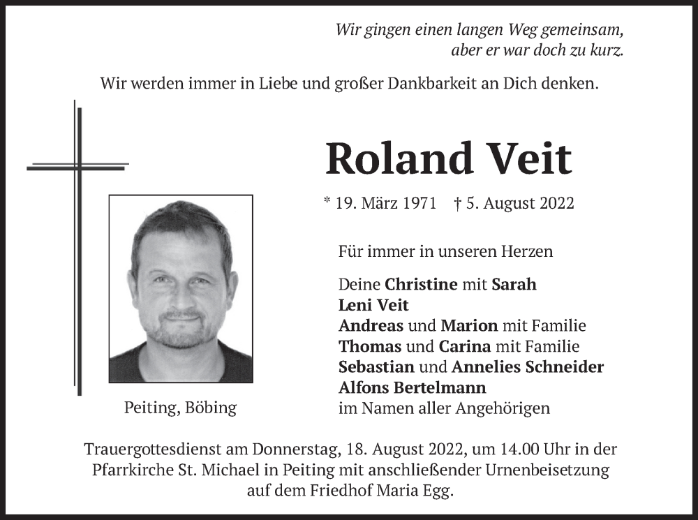  Traueranzeige für Roland Veit vom 13.08.2022 aus merkurtz