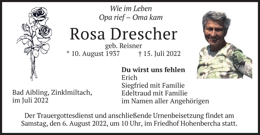  Traueranzeige für Rosa Drescher vom 30.07.2022 aus merkurtz