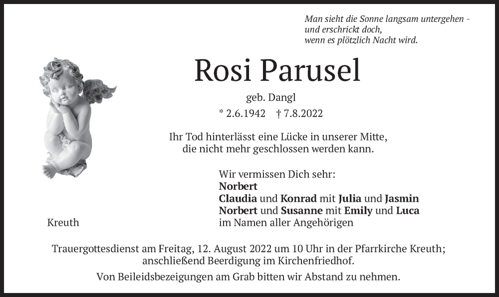  Traueranzeige für Rosi Parusel vom 10.08.2022 aus merkurtz