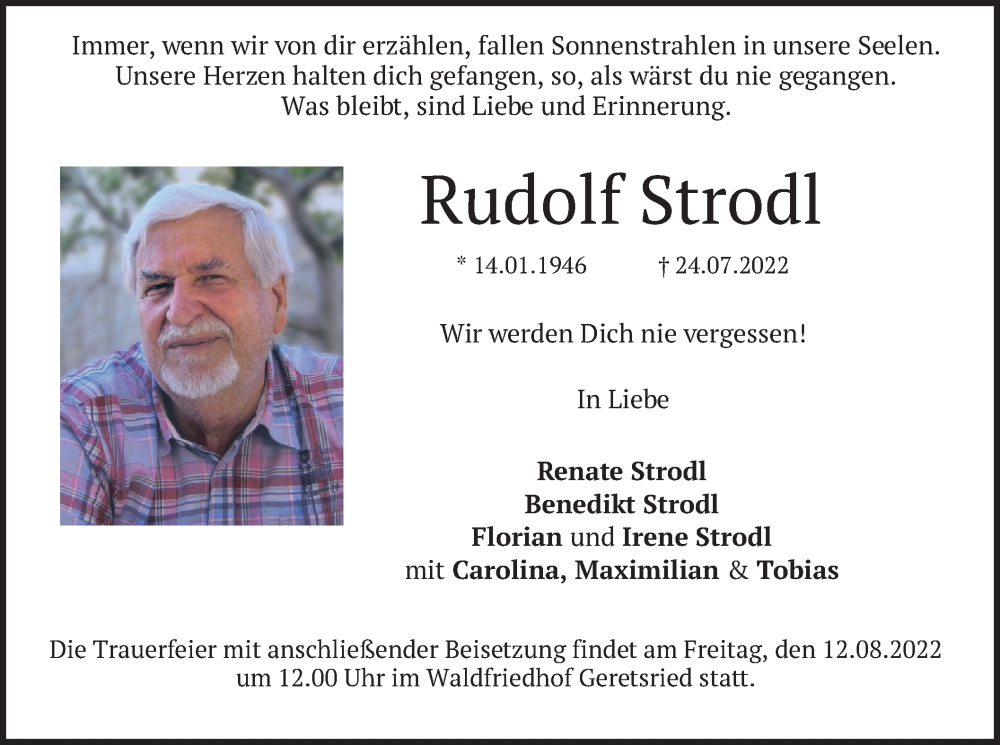  Traueranzeige für Rudolf Strodl vom 30.07.2022 aus merkurtz