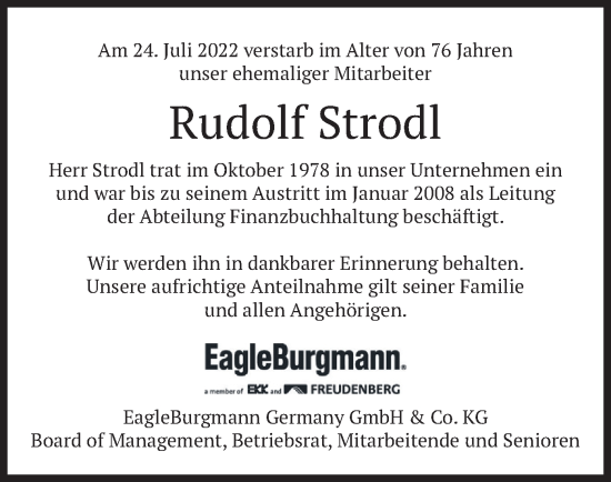 Traueranzeige von Rudolf Strodl von merkurtz