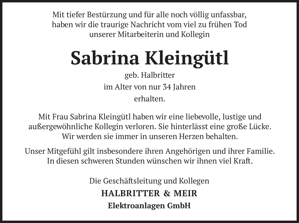  Traueranzeige für Sabrina Kleingütl vom 13.08.2022 aus merkurtz