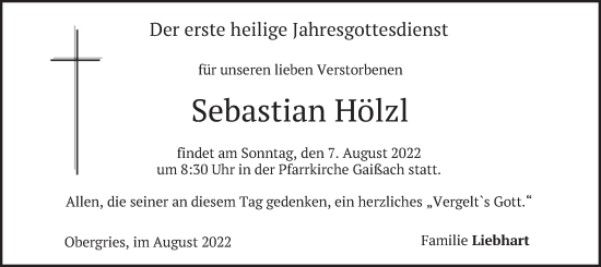 Traueranzeige von Sebastian Hölzl von merkurtz