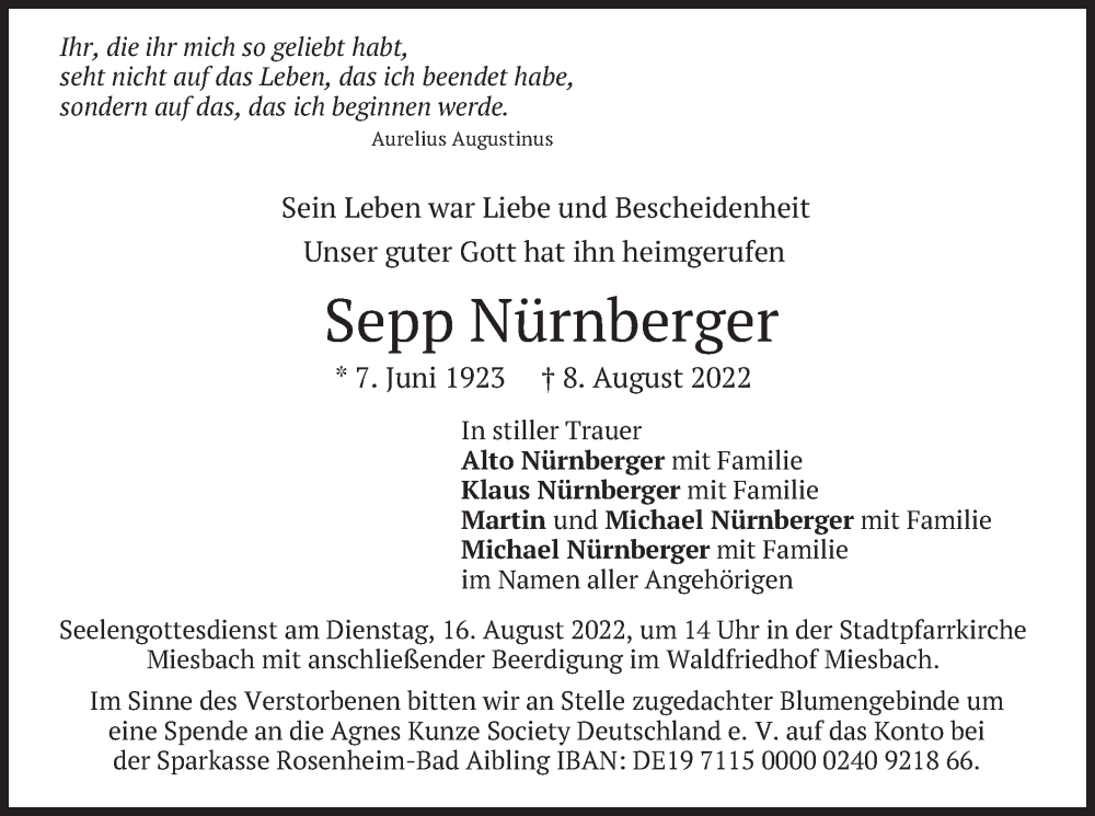  Traueranzeige für Sepp Nürnberger vom 11.08.2022 aus merkurtz