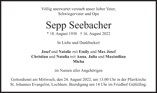 Traueranzeige von Sepp Seebacher von merkurtz