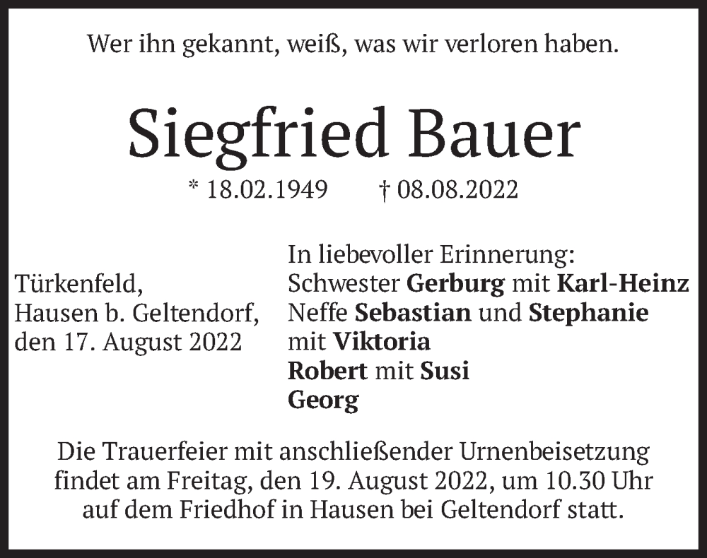  Traueranzeige für Siegfried Bauer vom 17.08.2022 aus merkurtz
