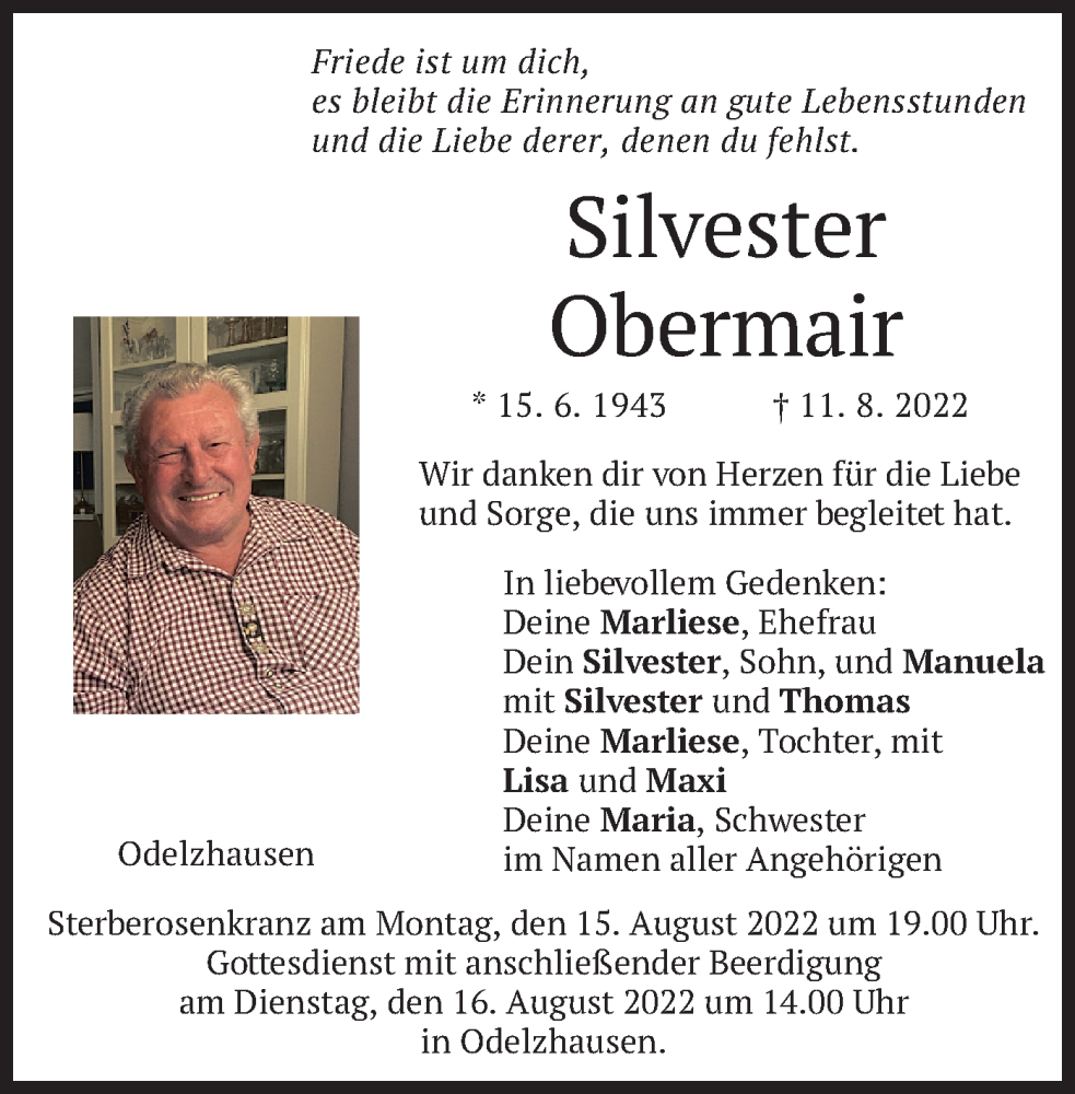  Traueranzeige für Silvester Obermair vom 13.08.2022 aus merkurtz