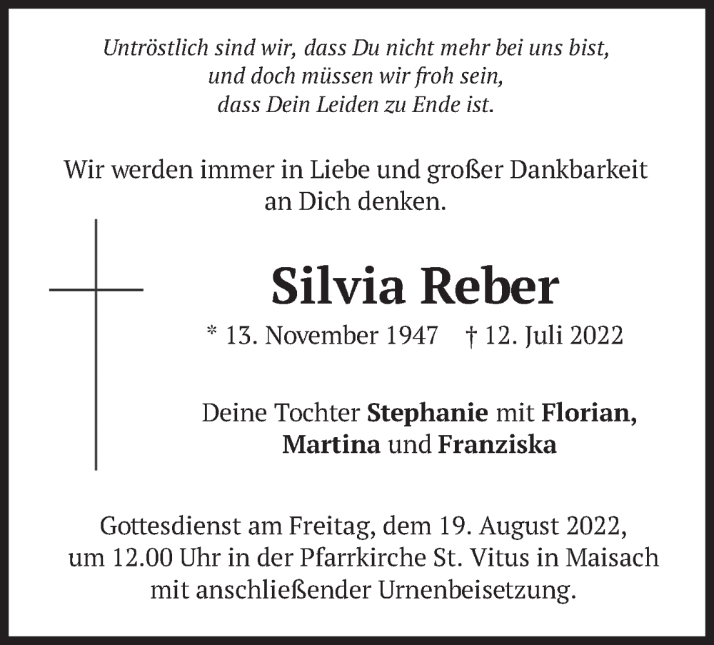  Traueranzeige für Silvia Reber vom 13.08.2022 aus merkurtz
