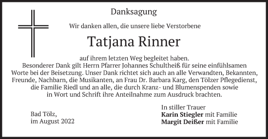 Traueranzeige von Tatjana Rinner von merkurtz