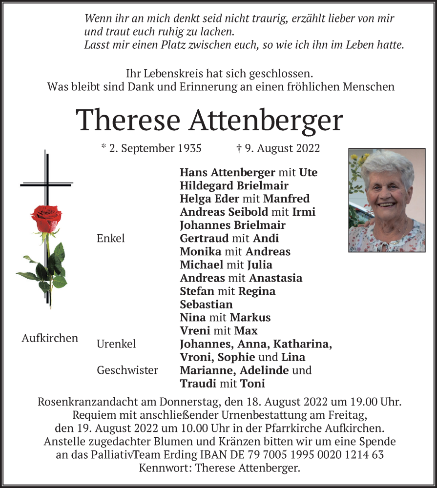  Traueranzeige für Therese Attenberger vom 13.08.2022 aus merkurtz