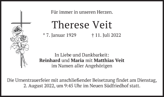 Traueranzeige von Therese Veit von merkurtz