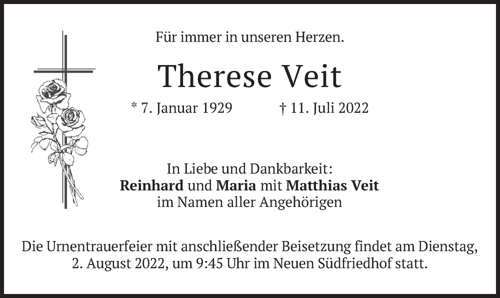  Traueranzeige für Therese Veit vom 30.07.2022 aus merkurtz