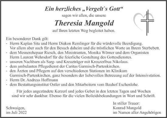 Traueranzeige von Theresia Mangold von merkurtz