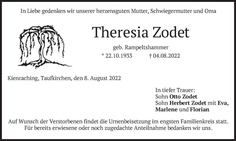  Traueranzeige für Theresia Zodet vom 08.08.2022 aus merkurtz