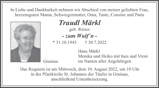 Traueranzeige von Traudl Märkl von merkurtz