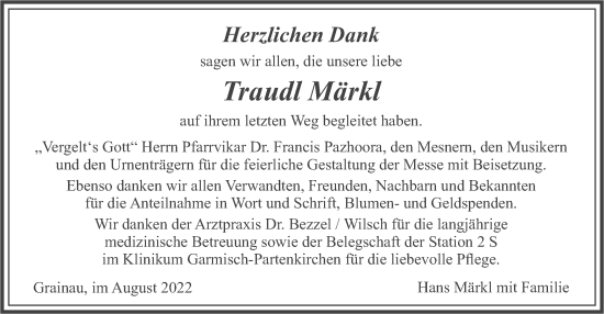 Traueranzeige von Traudl Märkl von merkurtz
