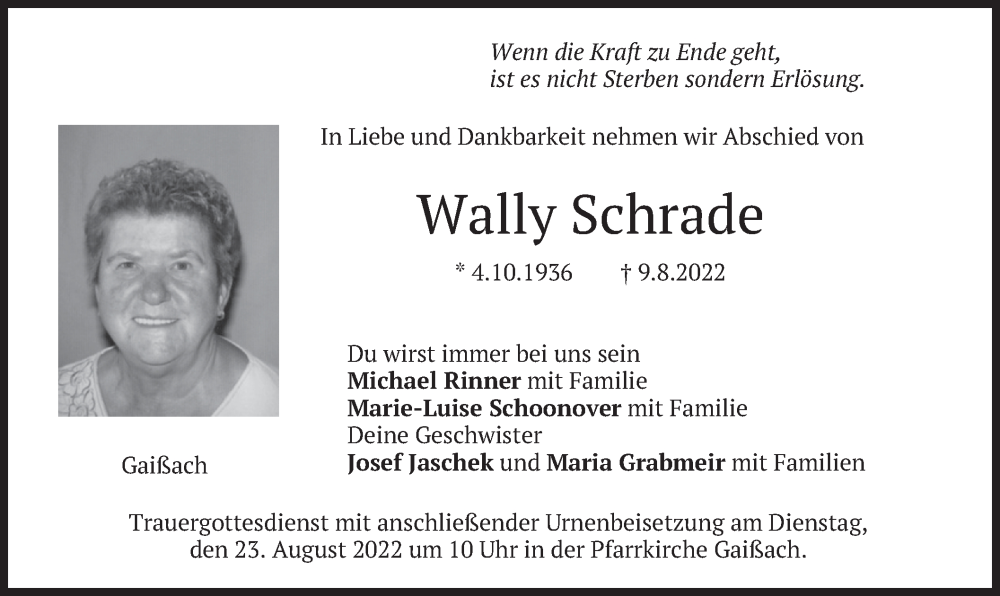  Traueranzeige für Wally Schrade vom 20.08.2022 aus merkurtz