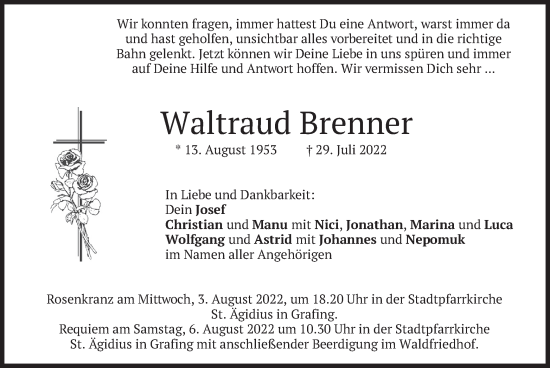 Traueranzeige von Waltraud Brenner von merkurtz
