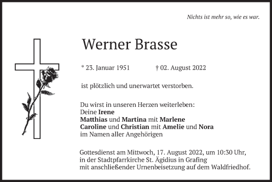 Traueranzeige von Werner Brasse von merkurtz