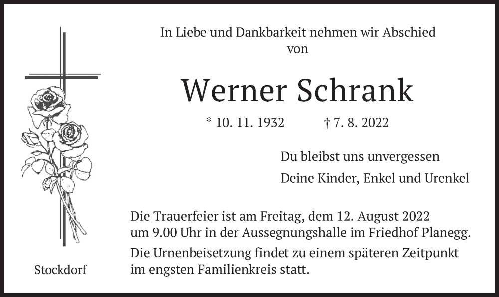  Traueranzeige für Werner Schrank vom 10.08.2022 aus merkurtz