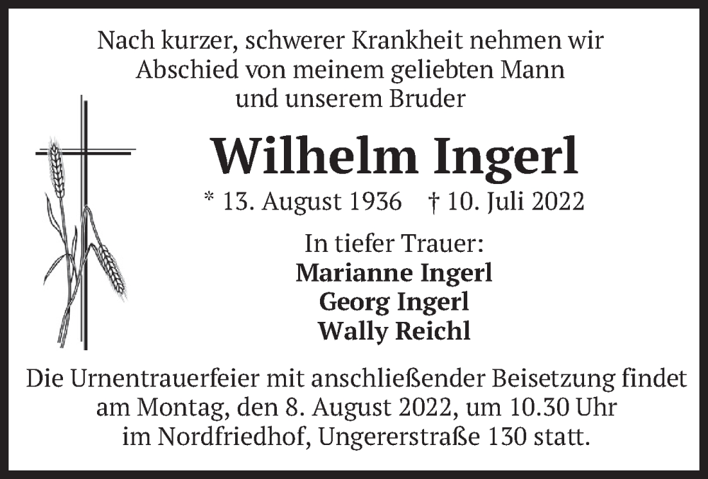  Traueranzeige für Wilhelm Ingerl vom 06.08.2022 aus merkurtz
