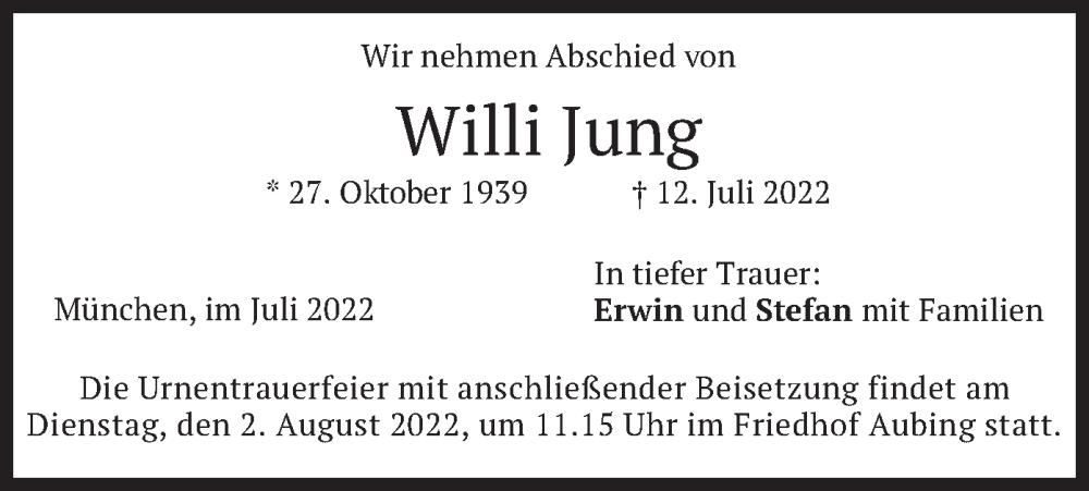  Traueranzeige für Willi Jung vom 30.07.2022 aus merkurtz