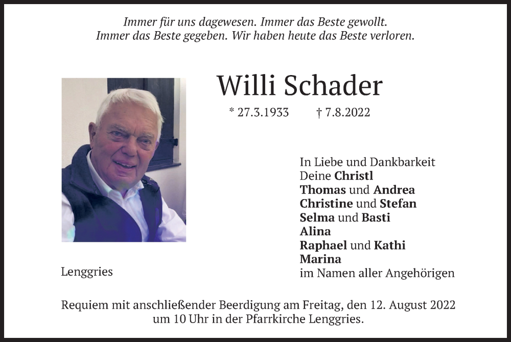  Traueranzeige für Willi Schader vom 10.08.2022 aus merkurtz