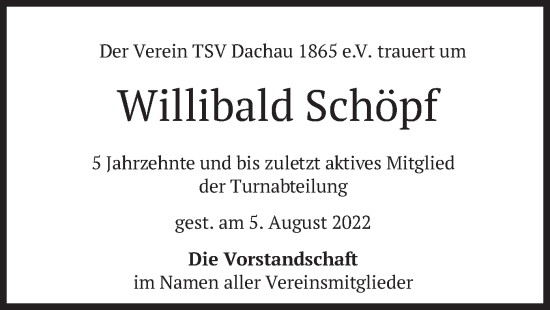 Traueranzeige von Willibald Schöpf von merkurtz