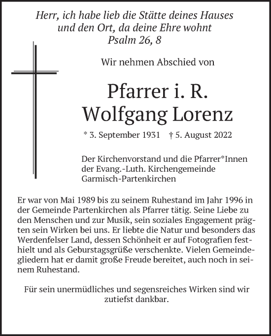 Traueranzeige von Wolfgang Lorenz von merkurtz