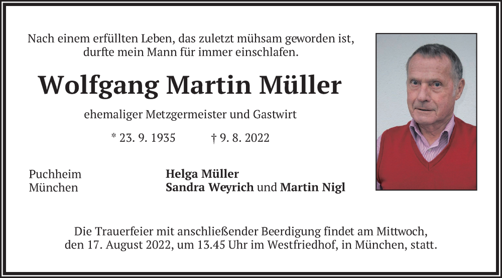  Traueranzeige für Wolfgang Martin Müller vom 13.08.2022 aus merkurtz