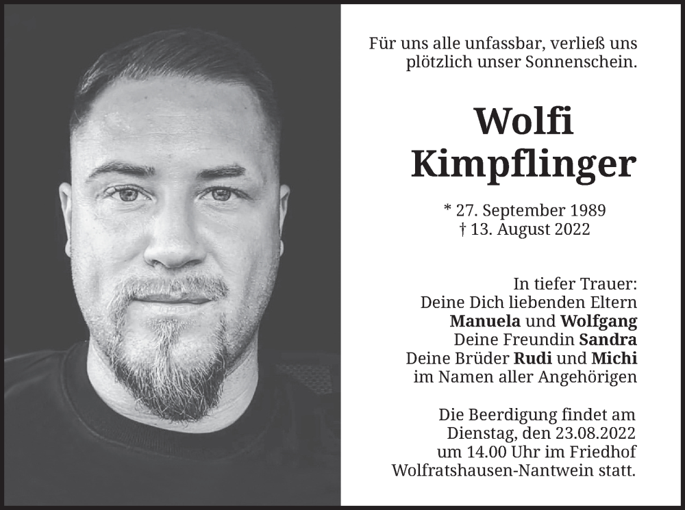  Traueranzeige für Wolfi Kimpflinger vom 20.08.2022 aus merkurtz