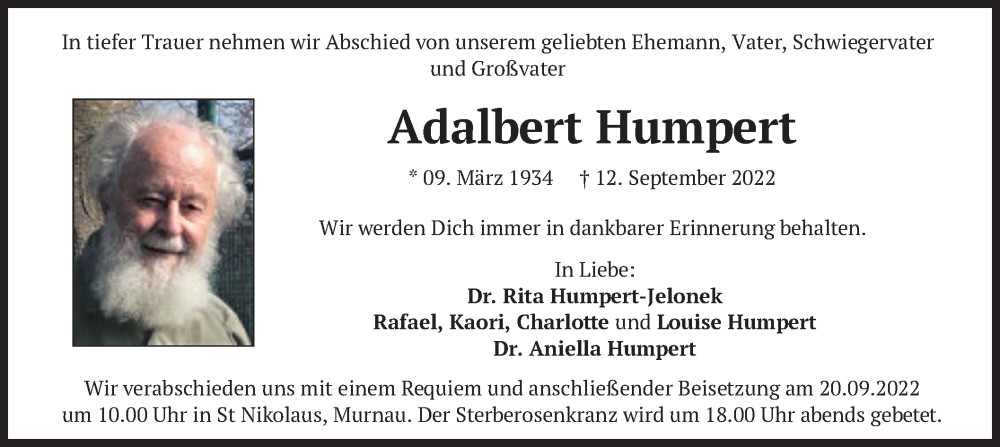  Traueranzeige für Adalbert Humpert vom 17.09.2022 aus merkurtz