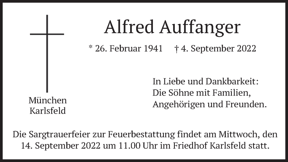  Traueranzeige für Alfred Auffanger vom 10.09.2022 aus merkurtz