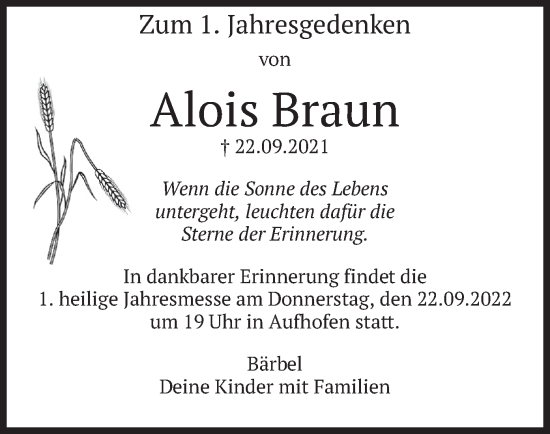 Traueranzeige von Alois Braun von merkurtz