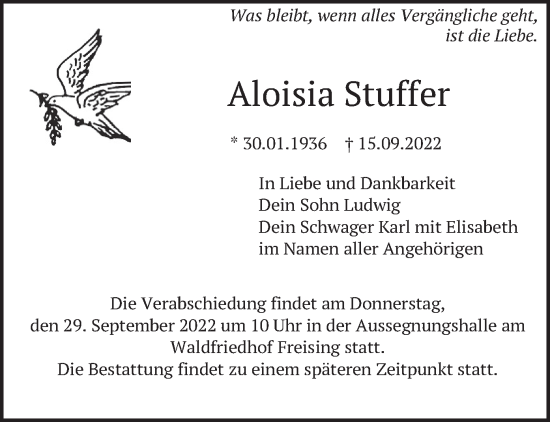 Traueranzeige von Aloisia Stuffer von merkurtz
