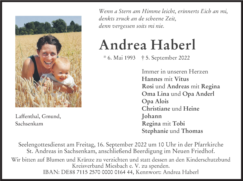  Traueranzeige für Andrea Haberl vom 13.09.2022 aus merkurtz